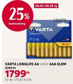 VARTA LONGLIFE AA VAGY AAA ELEM – Rossmann