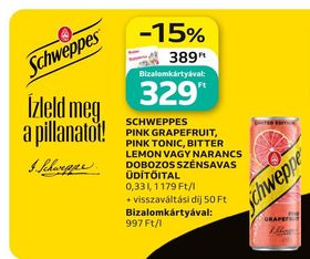 SCHWEPPES PINK GRAPEFRUIT, PINK TONIC, BITTER LEMON VAGY NARANCS DOBOZOS SZÉNSAVAS ÜDÍTŐITAL – Auchan