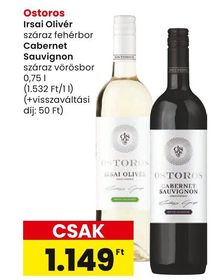 Ostoros Irsai Olivér száraz fehérbor, Cabernet Sauvignon száraz vörösbor – Spar