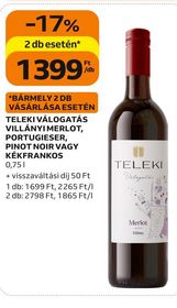 TELEKI VÁLOGATÁS VILLÁNYI MERLOT, PORTUGIESER, PINOT NOIR VAGY KÉKFRANKOS – Auchan
