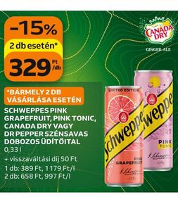 Schweppes, Canada Dry, Dr Pepper SCHWEPPES PINK GRAPEFRUIT, PINK TONIC, CANADA DRY VAGY DR PEPPER SZÉNSAVAS DOBOZOS ÜDÍTŐITAL – Auchan