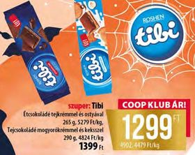 Roshen Tibi Étcsokoládé tejkrémmel és ostyával, Tejcsokoládé mogyorókrémmel és keksszel – Coop